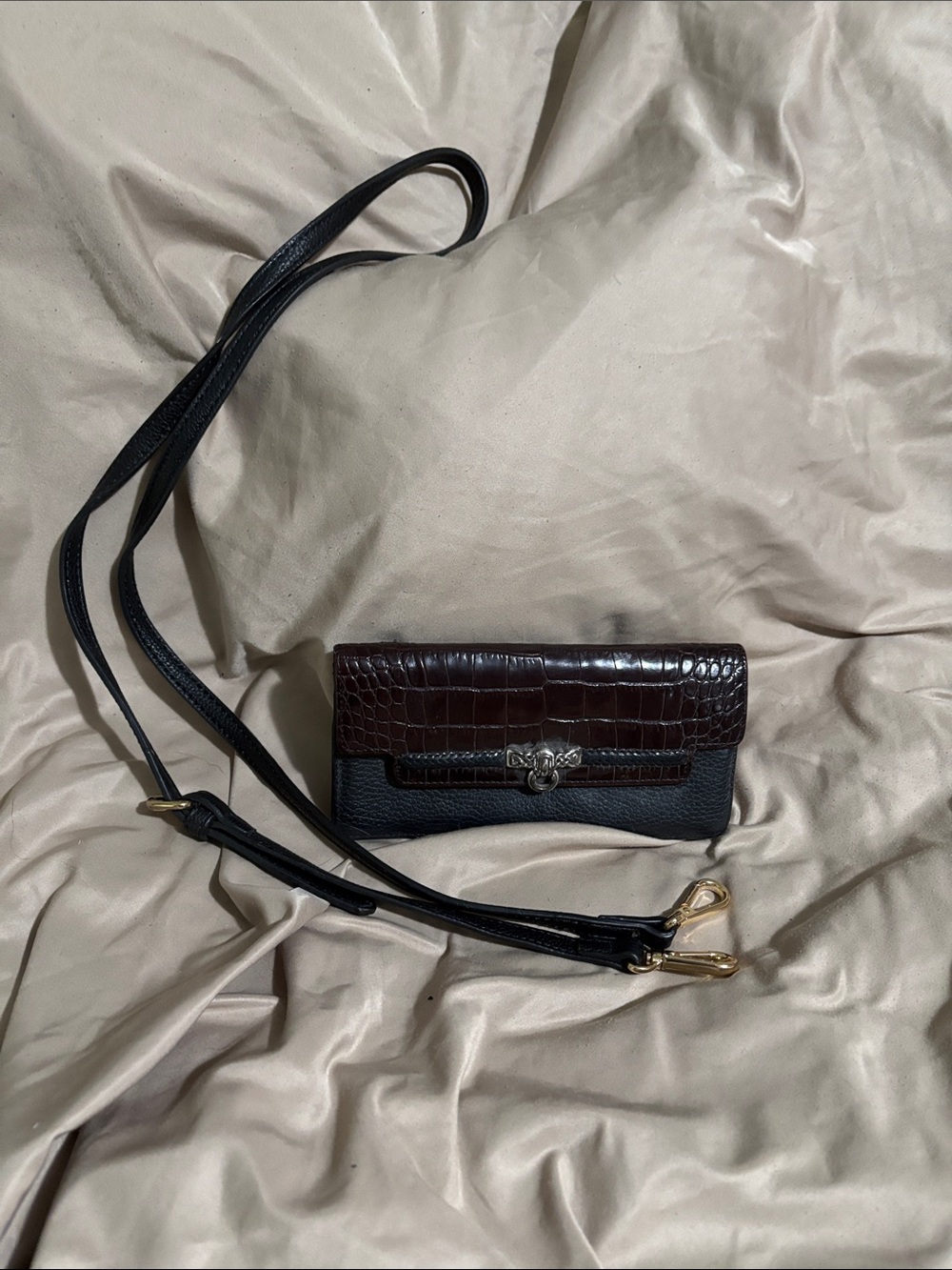 Brighton Black and Dark Brown Croc-Accent Crossbody Wallet